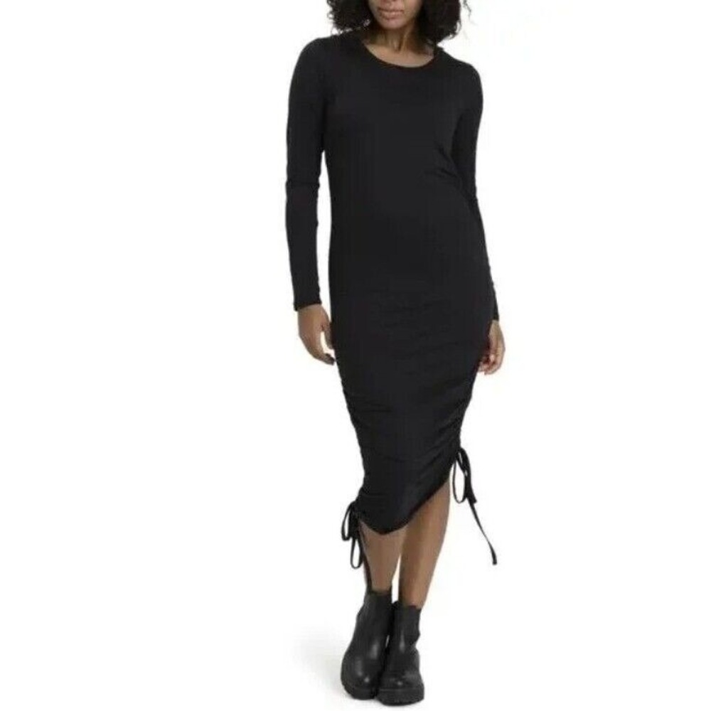 NEW Stretch Ruched Drawstring Long Sleeve Dress Bodycon Black M Threads4Thought